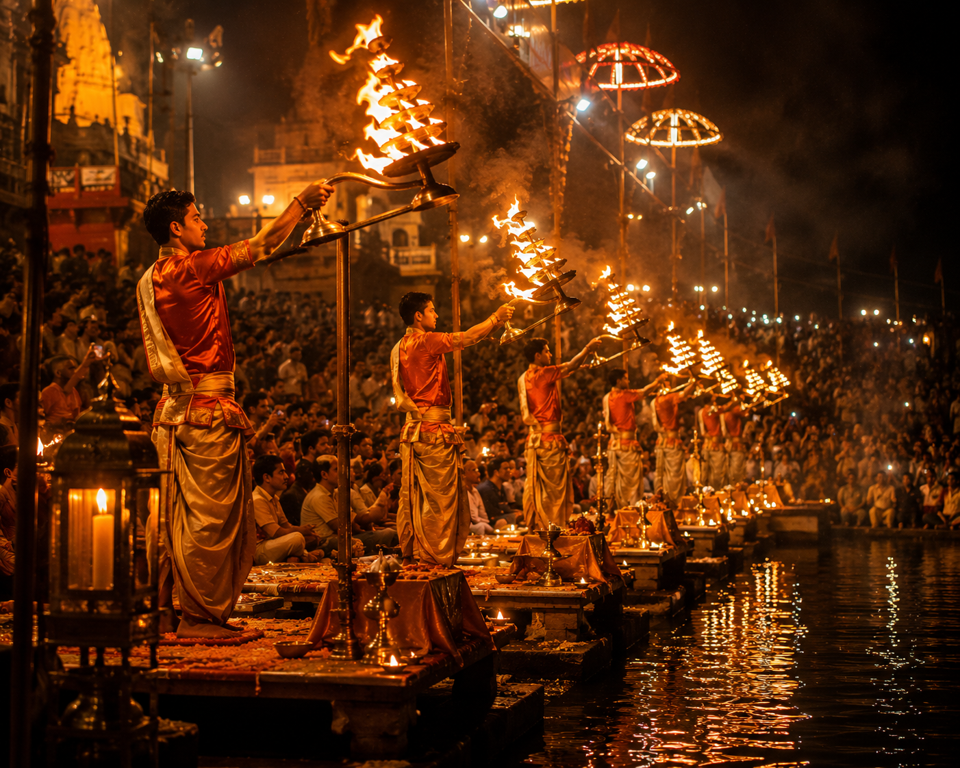 Varanasi ghats at golden hour with diyas floating on the Ganga
