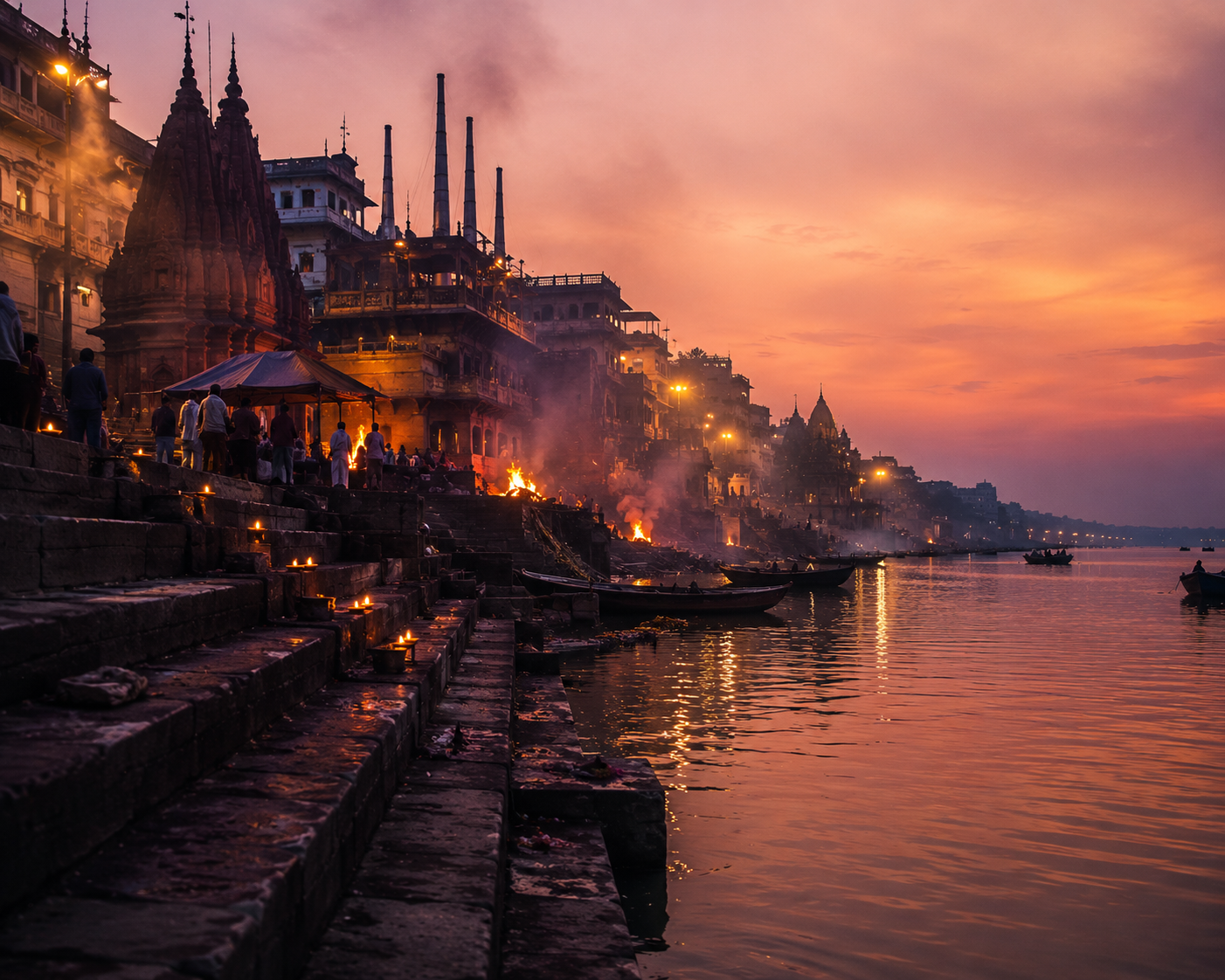 Manikarnika Ghat at dusk with sacred fires and boats on the Ganga